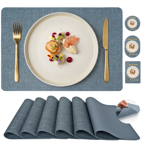 PROMATTOO Faux Leather Placemats Set of 6,Heat Resistant Dining Table Mats,17”x12”,Charcoal Blue