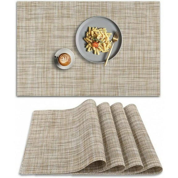 Heat Resistant Placemats Set of 4 | Non-Slip PVC Weave Table Mats | Washable & Easy to Clean | Beige Vinyl Place Mats for Dining Table Protection