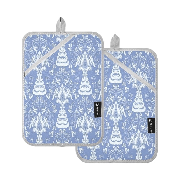 Heat-ResistantQuilted Cotton Potholders Set of 2 - Stylish Kitchen Grips for Hot Pots & Pans Ovens etc Blue Symbol