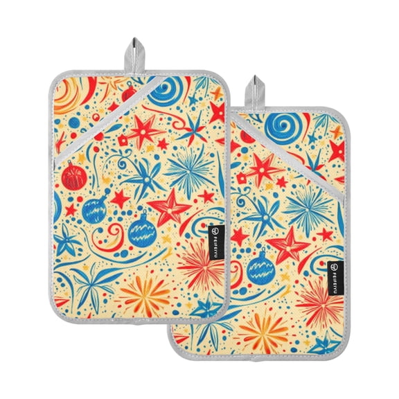 Heat-ResistantQuilted Cotton Potholders Set of 2 - Stylish Kitchen Grips for Hot Pots & PansOvens.etc. Hand Drawn Christmas Elements