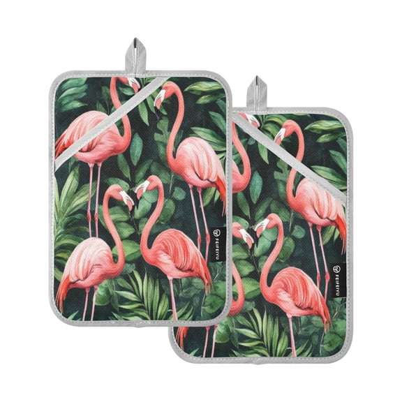 Heat-ResistantQuilted Cotton Potholders Set of 2 - Stylish Kitchen Grips for Hot Pots & Pans Ovens etc Pink Flamingos