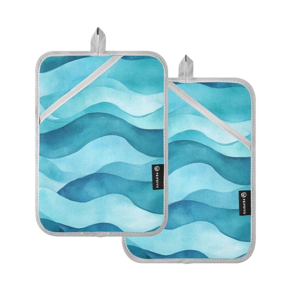 【Heat-Resistant】Quilted Cotton Potholders Set of 2 - Stylish Kitchen Grips for Hot Pots & Pans，Ovens.etc. Pretty Green Sea