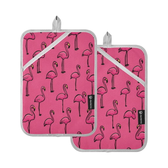 Heat-ResistantQuilted Cotton Potholders Set of 2 - Stylish Kitchen Grips for Hot Pots & Pans Ovens etc Seamless Pattern Of Pink Flamingos