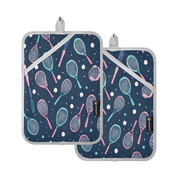 【Heat-Resistant】Quilted Cotton Potholders Set of 2 - Stylish Kitchen Grips for Hot Pots & Pans Ovens etc Teal Tennis Rackets