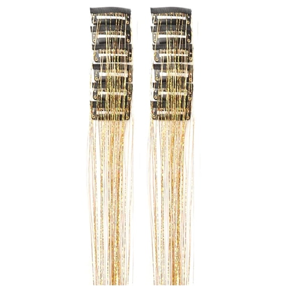 Heat Resistant Rainbow Clip in Hair Extensions, Oimcto 20.5 Inch Glitter Tinsel Accessories, Heat Resistant Synthetic Fiber for Women, Resistant Synthetic Fiber, 12 Pcs Colorful Kit, Gold