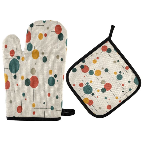 Heat-Resistant Reversible Oven Mitts and Pot Holders Set Double-Sided Insulated Gloves Kitchen Home Supplies Colorful Dots and Lines