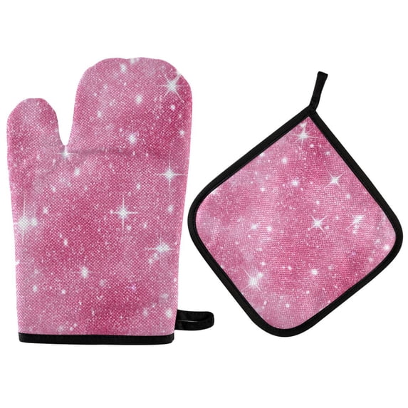 Heat-Resistant Reversible Oven Mitts and Pot Holders Set Double-Sided Insulated Gloves Kitchen Home Supplies Pink Glitter Background