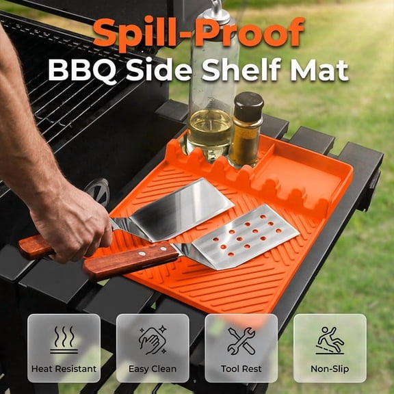Heat Resistant Silicone BBQ Grilling Side Shelf Mat, Raised Edge Spill Proof Grill Caddy with Tool Slots Easy Clean Dishwasher Safe Outdoor Cooking Accessory