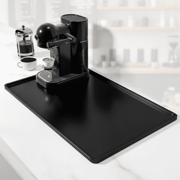 Heat Resistant Silicone Coffee Mat with Raised Edges, 12x19 Inch Waterproof Counter Protector for Espresso Machine and Dish Drying, Durable Kitchen Bar Decor Pad in Black