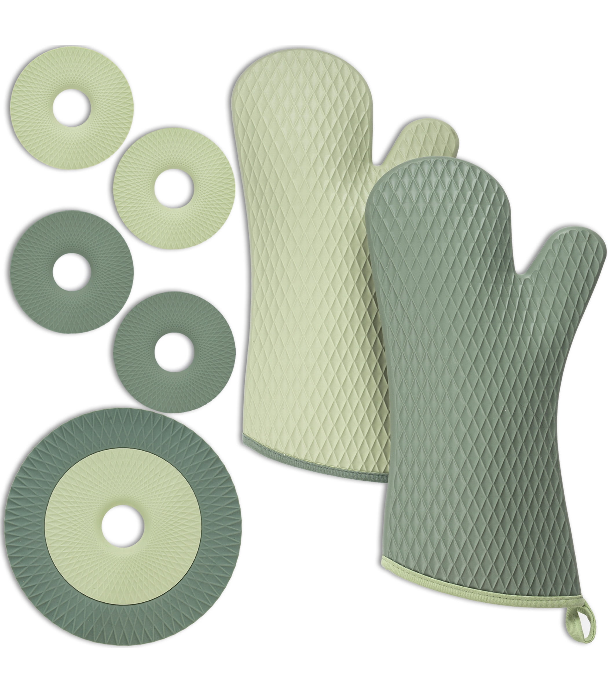 Heat Resistant Silicone Oven Mitt and Trivet Set, Waterproof, BPA-Free - 8 Piece Kitchen Set Eucalyptus and Mint color