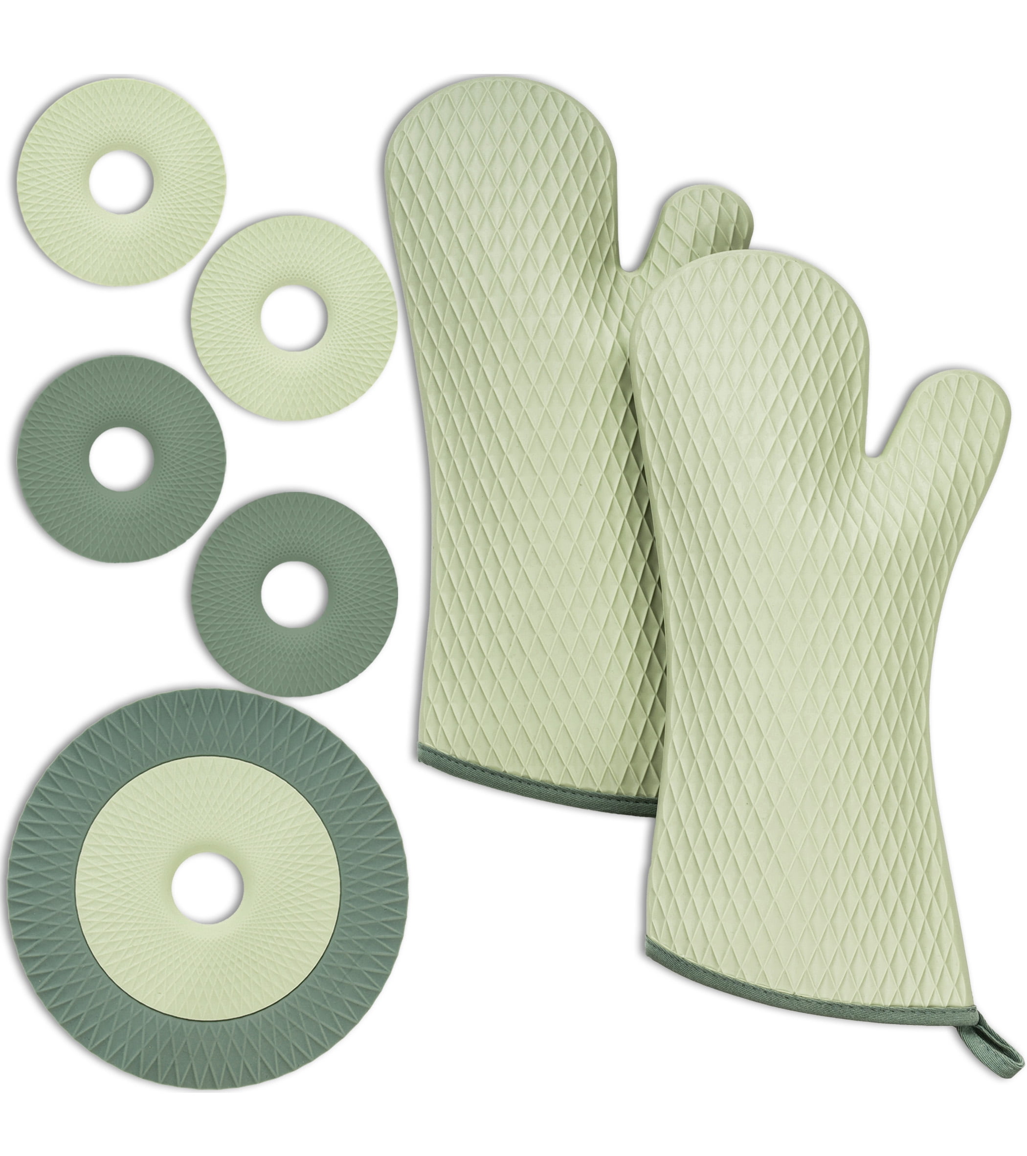 Grip Heat Resistant Silicone Oven Mitt and Trivet Set, Waterproof, Cotton Lined, BPA-Free - 8 Piece Kitchen Set mint color