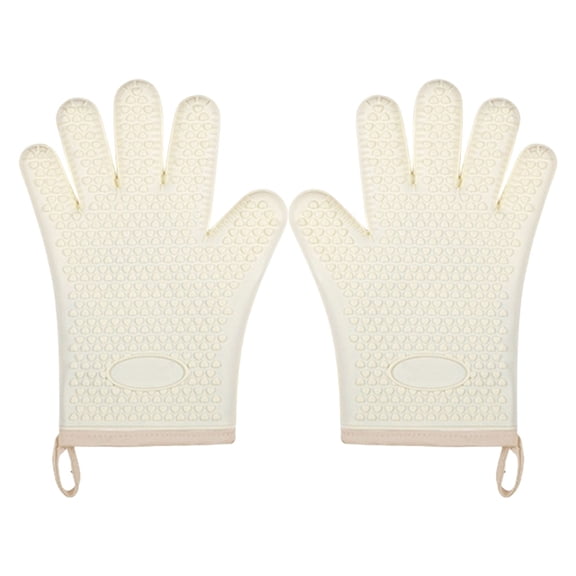 Heat Resistant Silicone Oven Mitts Non Slip Grip Microwave Safe Mitts for Safe Cooking 28cm Long Cream Color