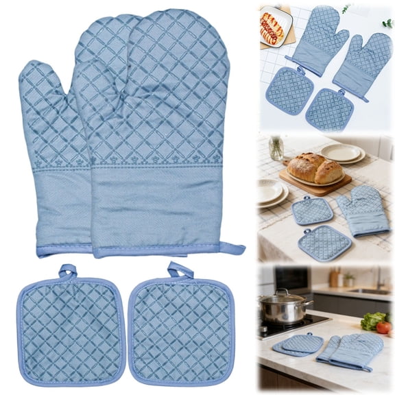 Heat Resistant Silicone Oven Mitts Set of 4, Cotton Lined Waterproof Kitchen Gloves, Non-Slip Honeycomb Grip, Heat Resistant Up to 484°F, Flexible BBQ and Baking Potholders (Blue)