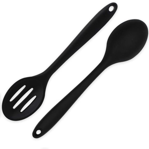 Heat Resistant Silicone Spoons: 10.8in Solid & Slotted Kitchen Cooking Spoon, Nonstick Long Rubber Utensil, Sturdy for Mixing, Serving, Stirring, Frying, Draining (Black, 2PCS)