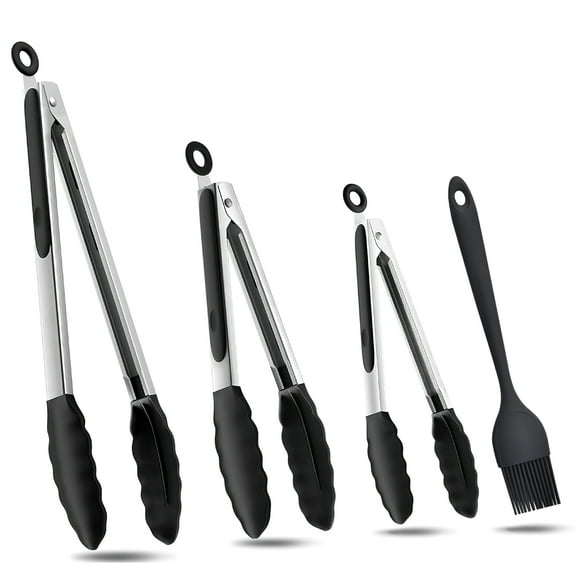 GPED Heat-Resistant Stainless Steel Kitchen Tongs Set, Heavy Duty Locking Tongs for Cooking, Grilling Utensils Set of 4 (7", 9", 12") with Oil Brush, Black