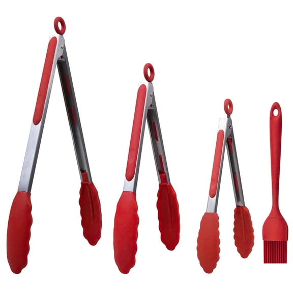 GPED Heat-Resistant Stainless Steel Kitchen Tongs Set, Heavy Duty Locking Tongs for Cooking, Grilling Utensils Set of 4 (7", 9", 12") with Oil Brush, Red