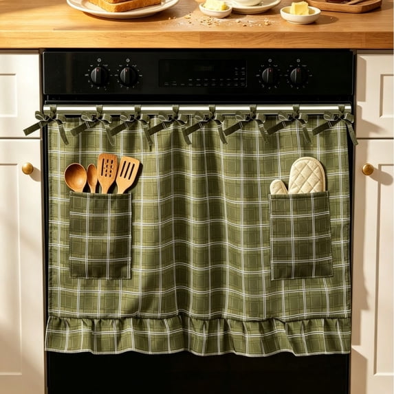 Heat-Resistant Tie-Back Oven Curtain 29.5x21.3 Inch,Polyester Dust & Oil Splash Proof,Machine Washable Decor for Kitchen Stove Oven Skirt Decor 29.3"W*21.3"H
