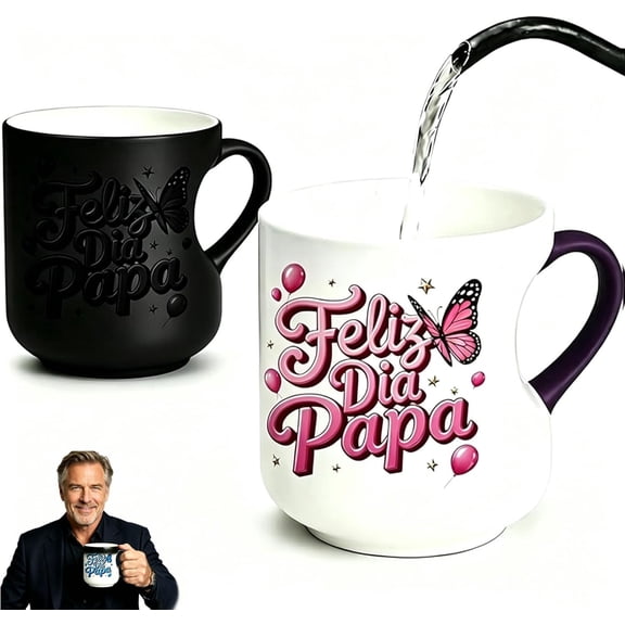 Heat Sensitive Color Changing Ceramic Mug, Heart Handle Thermal Coffee Cup with Spanish "Feliz Dia Papa" Print, 11oz Food Safe Father's Day Gift Birthday Mug, Microwave & Dishwasher Safe, 350g
