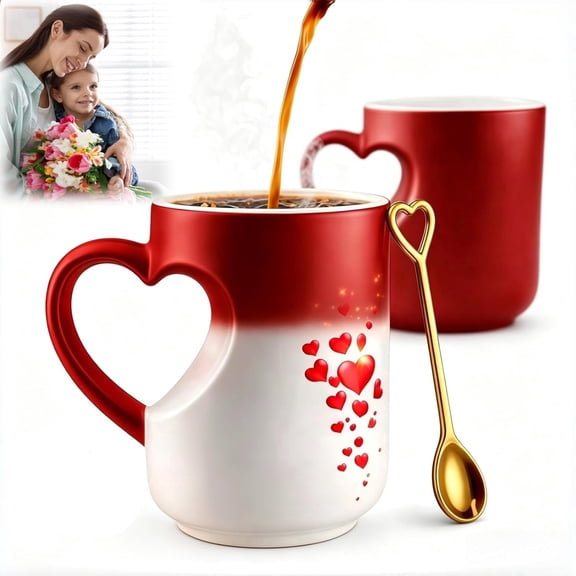 Heat Sensitive Color Changing Coffee Mug, Ceramic Heart Shaped Magic Mug with Pixel Art Heart Pattern, Reactive Matte Black to Red Heart Design for Coffee and Tea, Gift for Beloveds (#Red)
