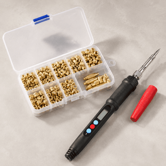 Heat Set Insert Tools kit with 60W Soldering Iron & 380 Pcs Threaded Insert | With quick change M2-M8 sizes heat insert tips & brass nuts for plastic & 3D printing heat embedding