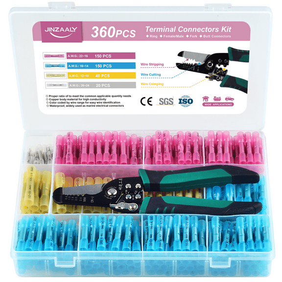 Heat Shrink Butt Connectors Kit, Insulated Waterproof Electrical Marine Automotive Tinned Copper Wire Crimp Terminals, Butt Splice for Boat Truck Stereo Joint (360Pcs)–with All-in-1 Tool