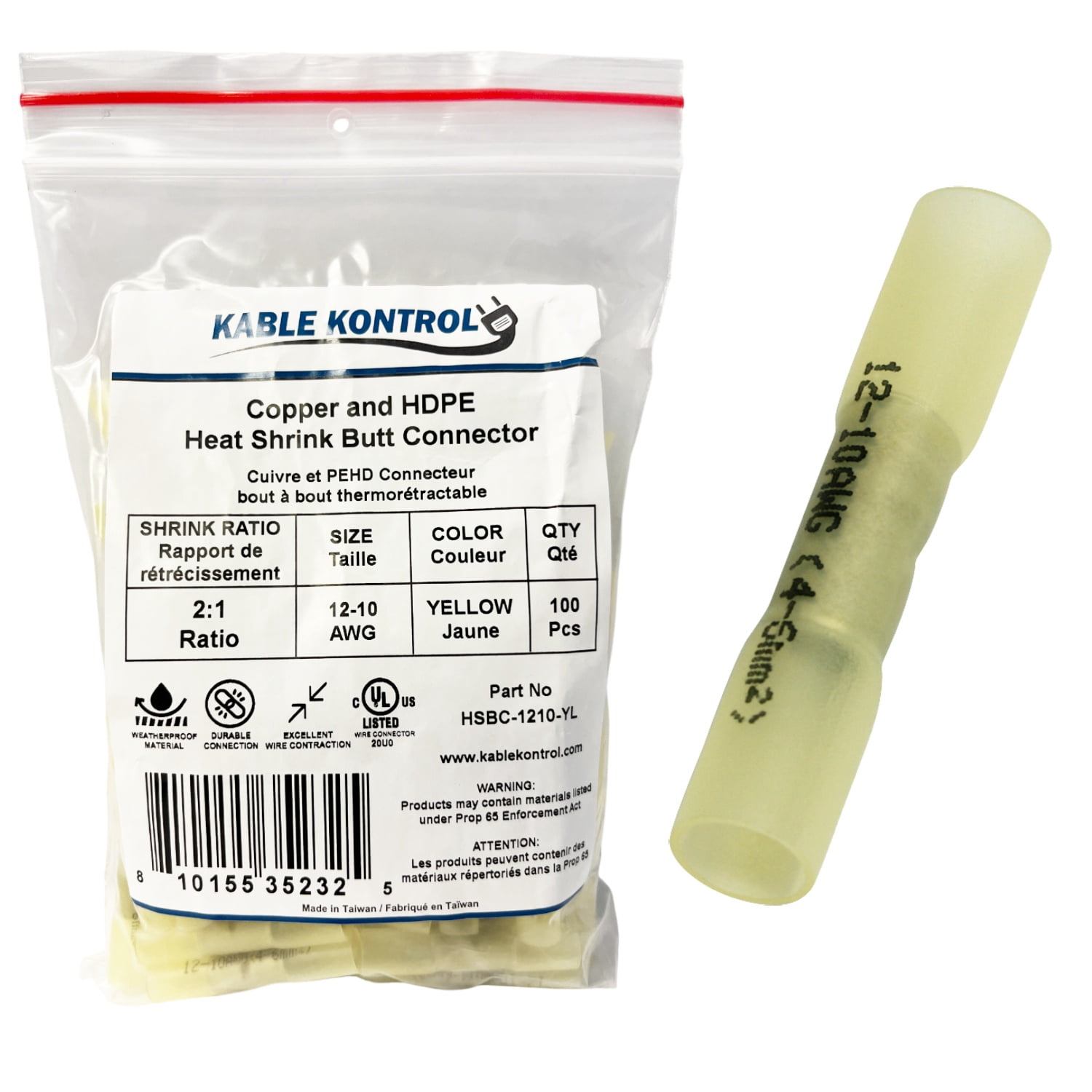 Heat Shrink Butt Splice Connector - Insulated - 12-10 AWG - Yellow - 100 Pcs Pack