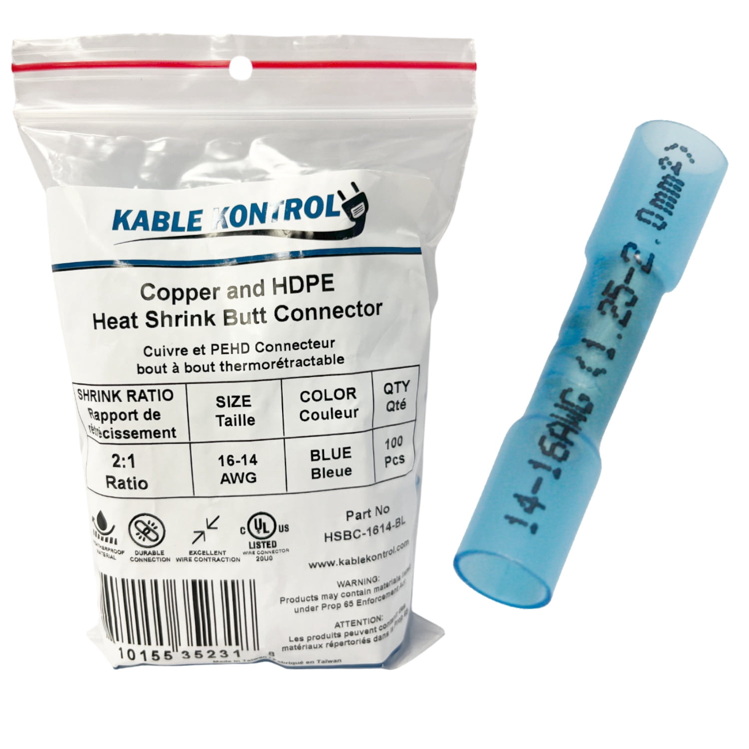 Heat Shrink Butt Splice Connector - Insulated - 16-14 AWG - Blue - 100 Pcs Pack