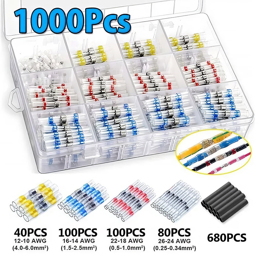 Heat Shrink Solder Seal Wire Connectors Kit 1000PCS, Waterproof Butt Connector Heat Shrink Electrical Terminals, Insulated Solderless Wiring Splice Connectors for Marine Automotive Boat Truck