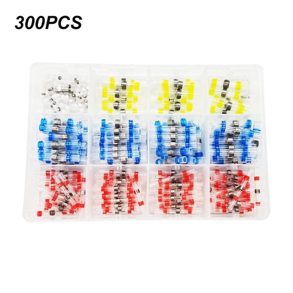 Heat Shrinkable Solder Ring Connectors 300pcs Waterproof Electrical Terminal Kit Multi-Color Yellow Red White Blue AC/DC Wire Splice Assortment with Storage Case-