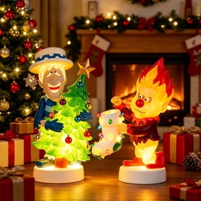 Heat and Snow Miser LED Lighted Blow Mold Christmas Decor, 10 Inch Glowing Resin Snow Miser Statue with Light Up Stocking, Christmas Character Decorative Lamp Retro Holiday Tabletop Decor