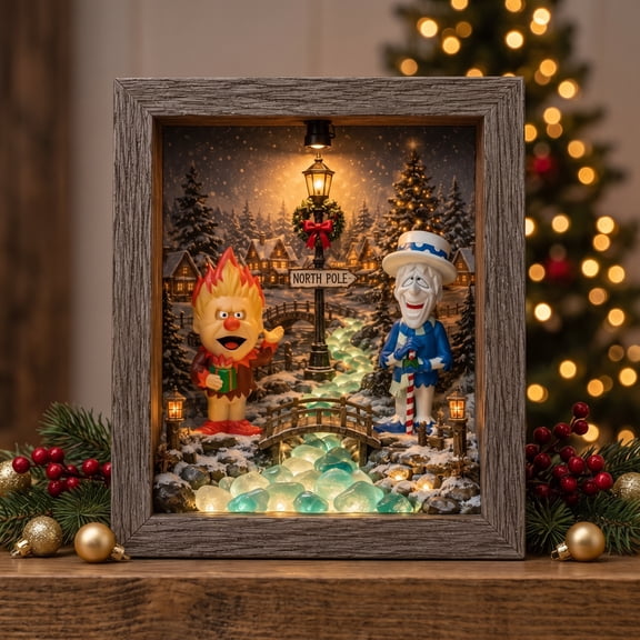 Heat and Snow Miser Shadow Box Night Light, Heat Miser & Snow Miser shadow box with lights, Lighthouse Style Night Light Frame, Warm Glow Holiday Decor for Living Room & Entryway
