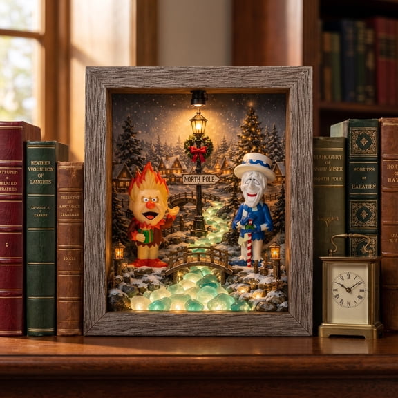 Heat and Snow Miser Shadow Box Night Light, Heat Miser & Snow Miser shadow box with lights, Lighthouse Style Night Light Frame, Warm Glow Holiday Decor for Living Room & Entryway