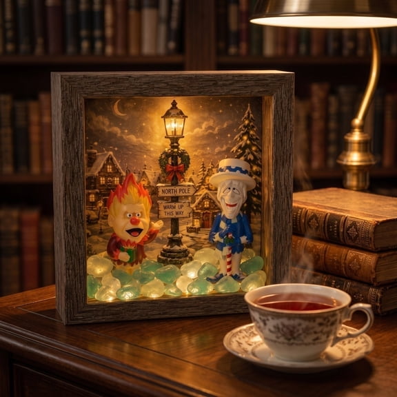Heat and Snow Miser Shadow Box Night Light, Heat Miser & Snow Miser shadow box with lights, Lighthouse Style Night Light Frame, Warm Glow Holiday Decor for Living Room & Entryway