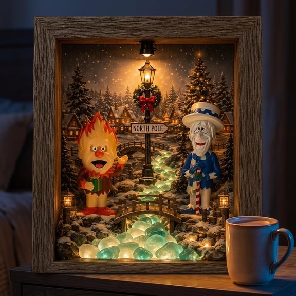 Heat and Snow Miser Shadow Box Night Light, Heat Miser & Snow Miser shadow box with lights, Warm Glow Ambient Art Frame Light, Multi-Scene Decor for Bedroom Living Room Entryway Shelf