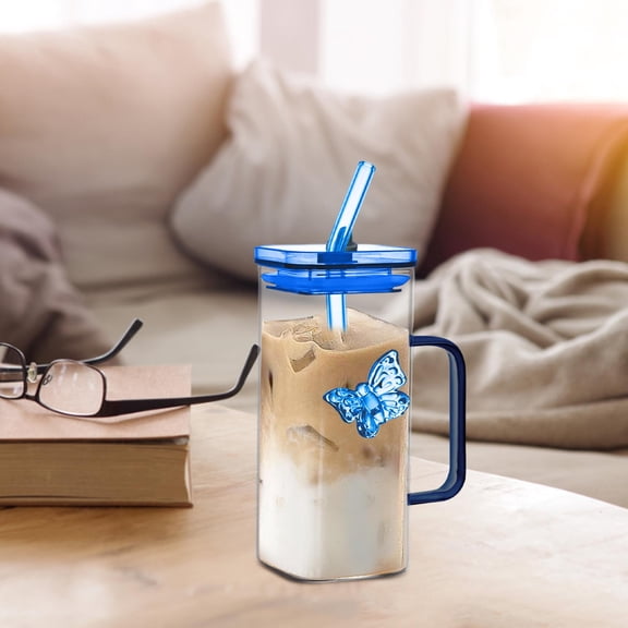 Heat Straw Glass Cup 350ML Cold Drink Cup Juice Cup With Lid Milk Cup Glass Texture Suitable For Beverage Use Coffee Cup, 18 cmx6 cm, Blue