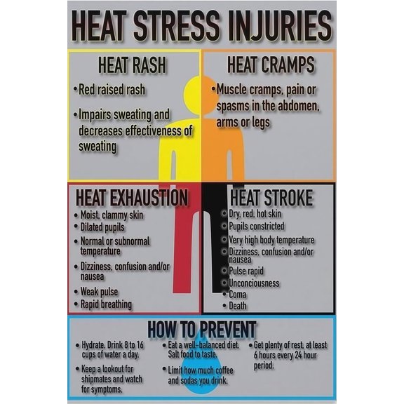 Heat Stress Injuries Guide rash cramps stroke safety guide wall home poster