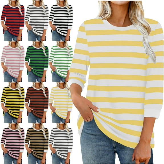 Heat Style Womens 3/4 Length Sleeve Tops Dressy Casual Shirts Stripe Print Color Fasion Crew Neck Trendy Round Neck Pullover Summer Blouses for Women High Mood