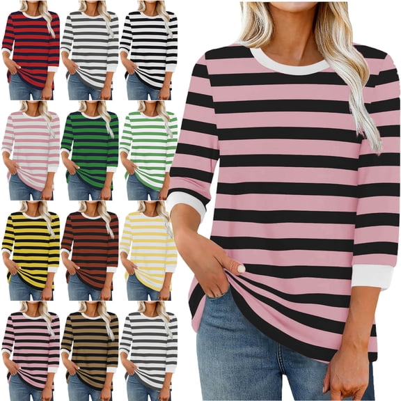 Heat Style Womens 3/4 Length Sleeve Tops Dressy Casual Shirts Stripe Print Color Fasion Crew Neck Trendy Round Neck Pullover Summer Blouses for Women High Mood