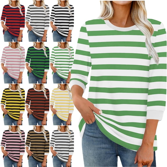 Heat Style Womens 3/4 Length Sleeve Tops Dressy Casual Shirts Stripe Print Color Fasion Crew Neck Trendy Round Neck Pullover Summer Blouses for Women High Mood
