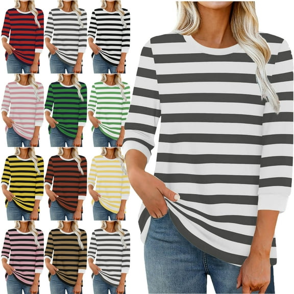 Heat Style Womens 3/4 Length Sleeve Tops Dressy Casual Shirts Stripe Print Color Fasion Crew Neck Trendy Round Neck Pullover Summer Blouses for Women High Mood