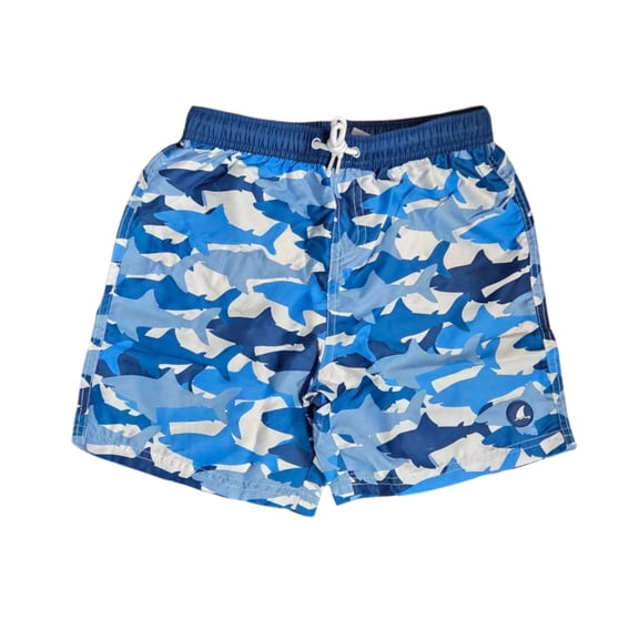 Heat Swimwear Boys Printed Tie Front Swim Trunk Board Shorts, Navy/White Sharks (4)