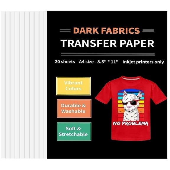 Heat Transfer Paper for Dark Fabric, Printable Heat Transfer Vinyl Sheets for T Shirts, DIY Custom Apparel, Home Decor, Accessories and Gifts, 8.5 x 11 Inches, 20 Sheets Pack