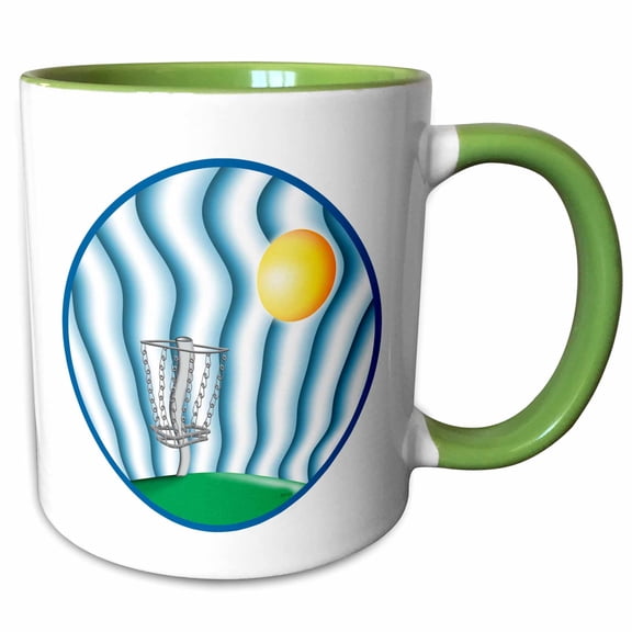 3drose, Heat Wave - a Frisbee Disc Golf Basket Melting in the Hot Summer Sun, 11oz Two-tone Green Mug
