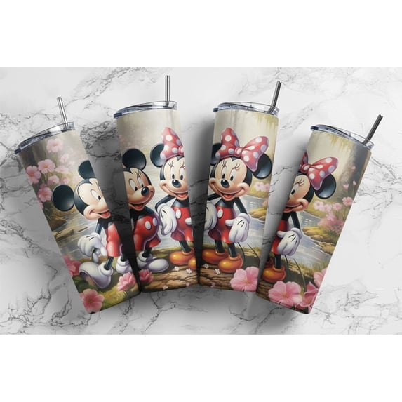 Heat transfer printing design featuring Mickey and Minnie for a 20 oz Mickey Mouse comic book-themed insulated mug.
