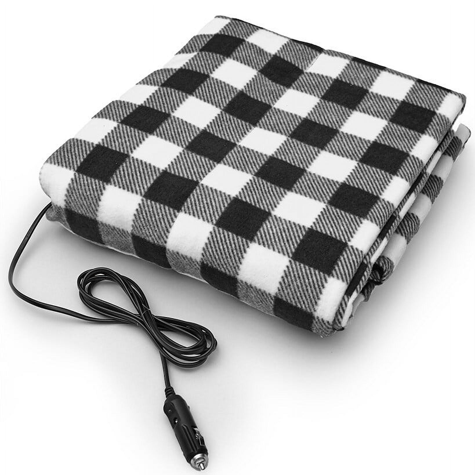 Heated 12V Travel Blankets Black & White Plaid