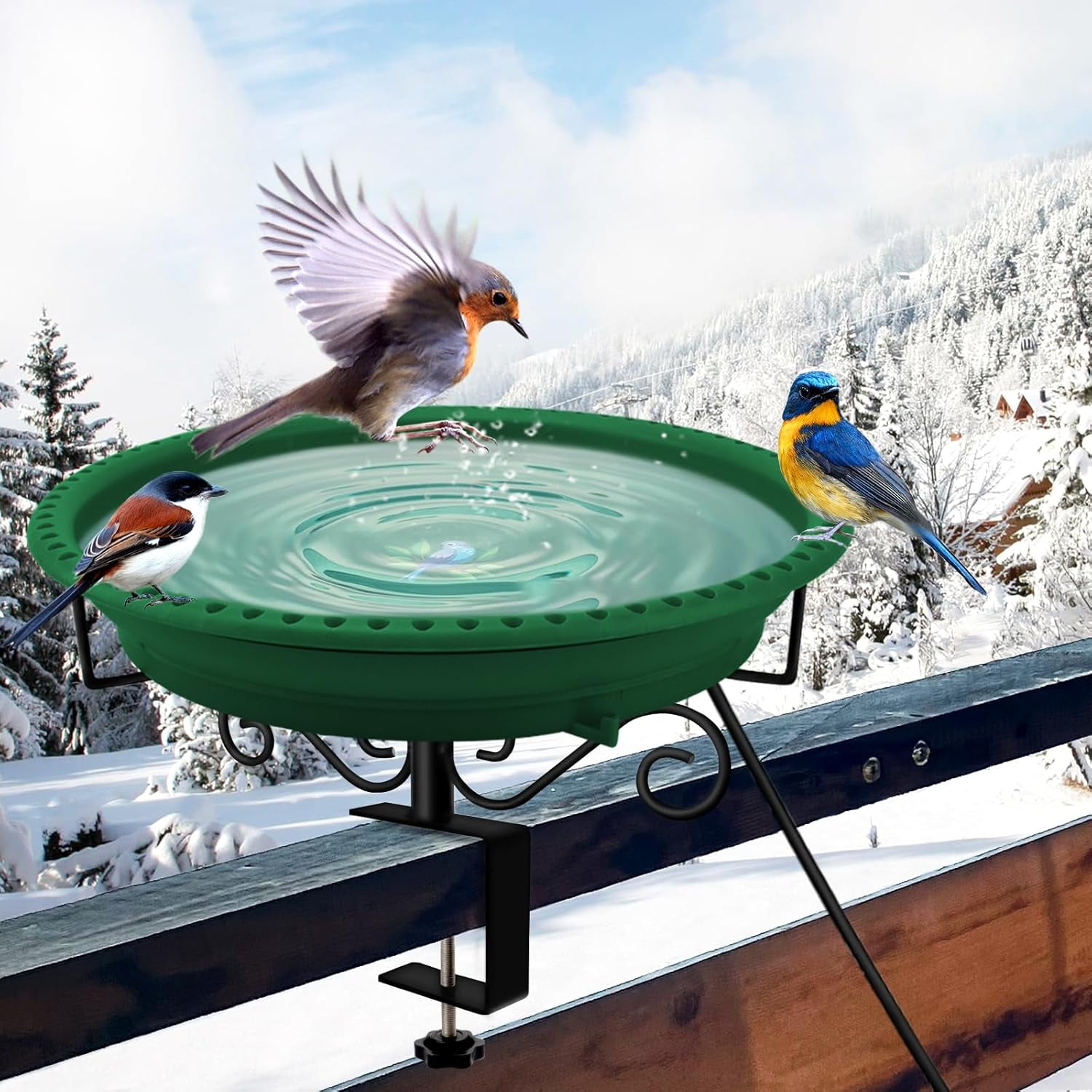 Heated Bird Bath for Deck Railing, 100W Thermostatically Controlled Heated Bird Baths for Outdoors Bird Bath Heater, Heated Birdbath for Outside Winter Garden Patio Yard(Green)