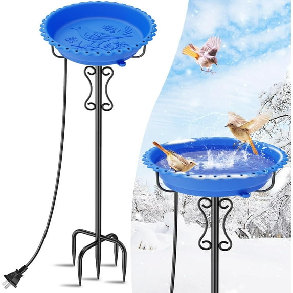 Heated Bird Bath for Outside Winter,100W Thermostat Control Birdbath Bowl with Metal 5-Prong Base,Freestanding Heated Bird Baths for Outdoors Garden Patio Yard Lawn(Blue)