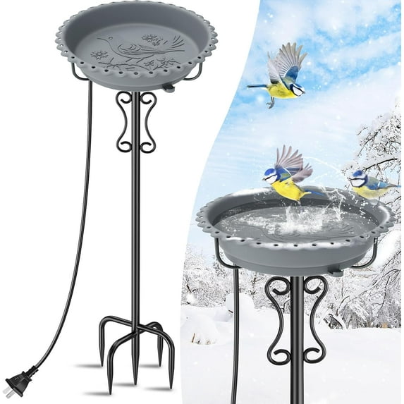 Heated Bird Bath for Outside Winter,100W Thermostat Control Birdbath Bowl with Metal 5-Prong Base,Freestanding Heated Bird Baths for Outdoors Garden Patio Yard Lawn (Gray)