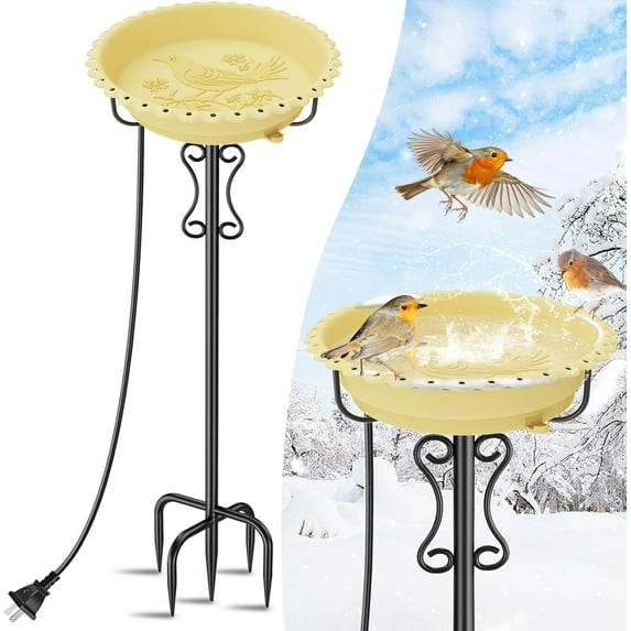 Heated Bird Bath for Outside Winter,100W Thermostat Control Birdbath Bowl with Metal 5-Prong Base,Freestanding Heated Bird Baths for Outdoors Garden Patio Yard Lawn(Beige)