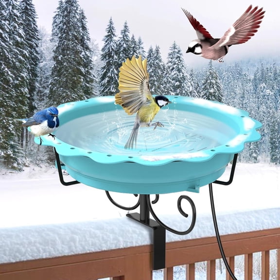 Heated Bird Baths for Outdoors, 100W Heated Bird Bath for Deck Railing, Heated Birdbath with Thermostat Control, Heated Bird Bath for Outside Winter Garden Patio Yard (Blue)